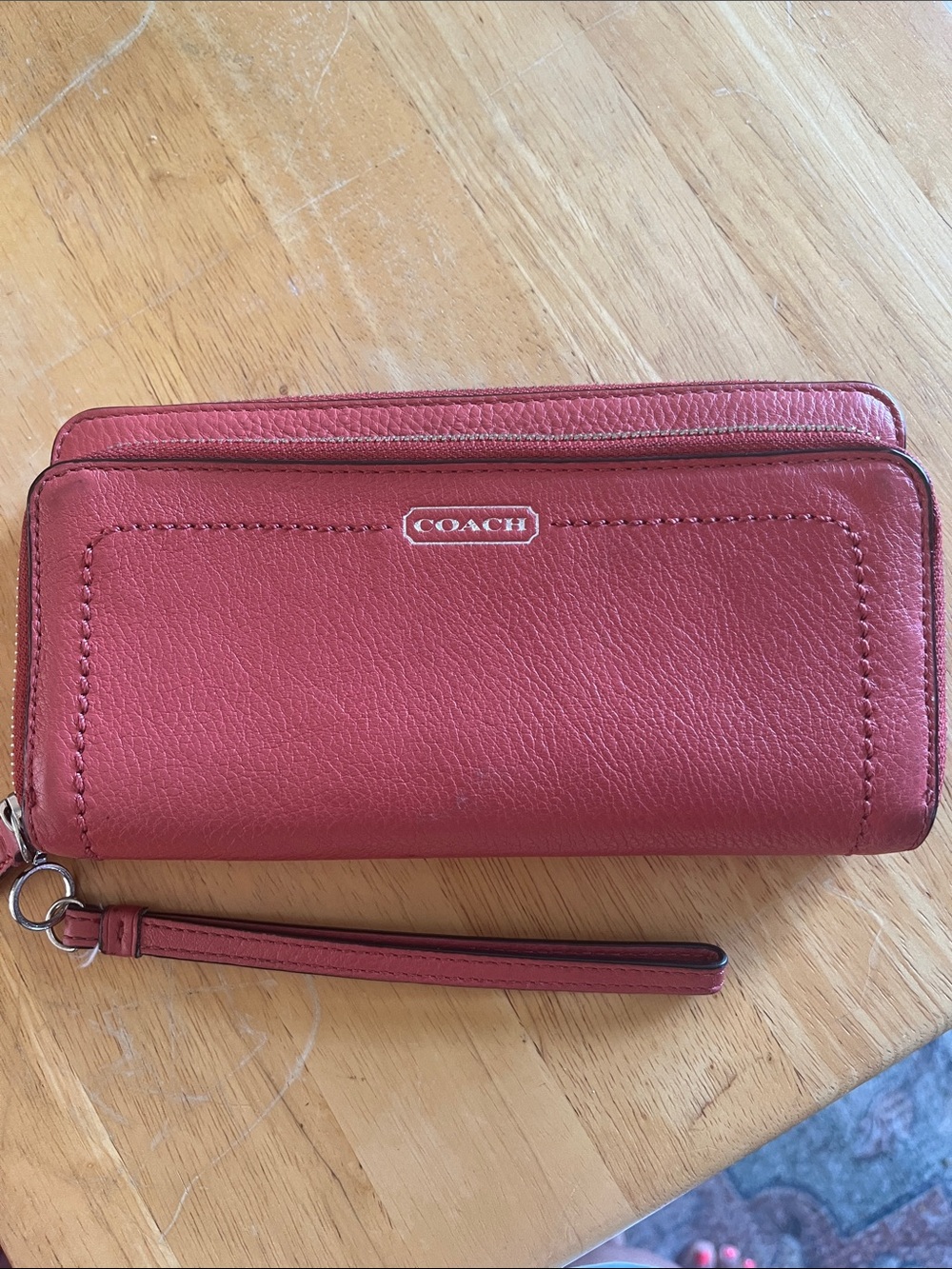 COACH Dark Coral Leather Double Zip-Around Wallet/Wristlet Clutch. EUC